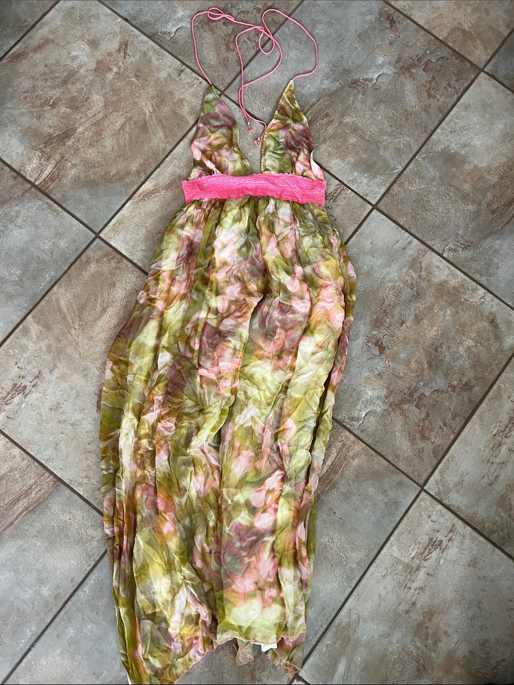 Free People Pink & Green Floral Lace-Trim Halter Maxi Slip